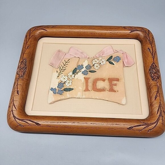 Vintage Antique Wall Hanging Wooden Framed 8x10" Hand Painted Pink Silk Bag - Picture 1 of 10